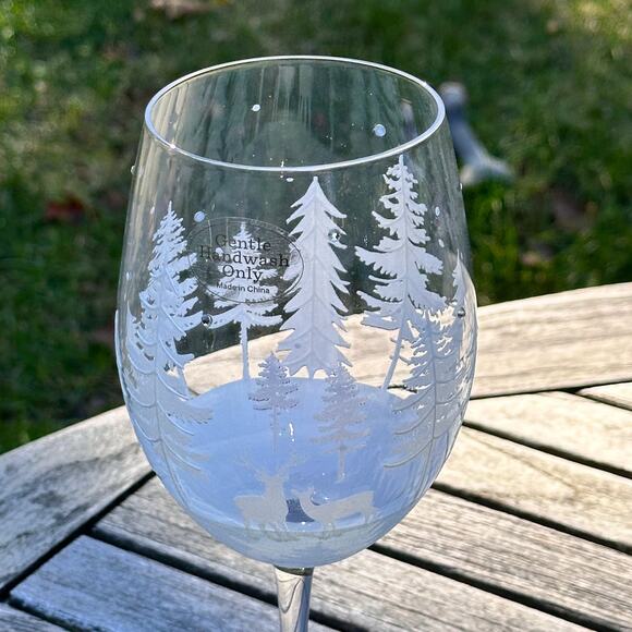 Christmas Tree & Reindeer Stemless Wine Glass 9” Frosted Winter Forest NEW - Picture 5 of 12
